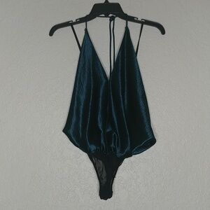 Free People Teal Satin Plunge Halter Bodysuit